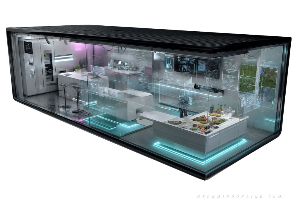 Futuristic office where professionals and a holographic AI assistant collaborate on strategic planning using real-time data and digital interfaces